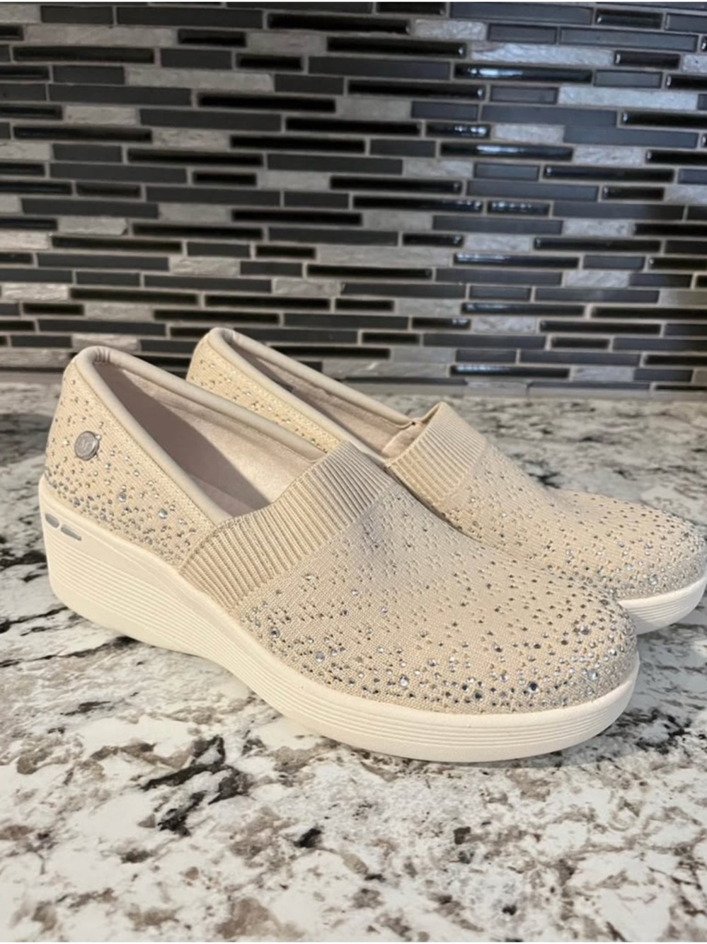 Skechers Slip-On Knit Wedge Mules in Cream with Rhinestone Accents